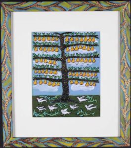"Old Pear Tree" signed on back	 by Sarah Rakes acrylic on paper with white mat	17" x 15"	artist's hand painted frame	$750