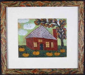 "Little Cabin in Fall" 2004 by Sarah Rakes acrylic on paper with white mat 17" x 14.75" artist's hand painted frame $750 #13515