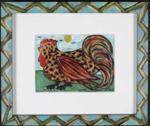 "First Year Rooster" 2002 by Sarah Rakes acrylic on wood 11.25" x 9.5" artist's hand painted frame $400 #13519