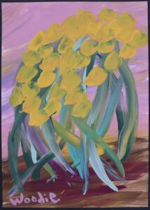 "Yellow Tulips" By Woodie Long acrylic on paper 14" x 10" white 8 ply mat in black frame $375 #13538
