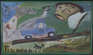 "Blue Truck to the Outside" c. 1999 by Charlie Lucas 
paint on wood with garden hose	19" x 32"	artist's garden hose frame	
$2000 #13588