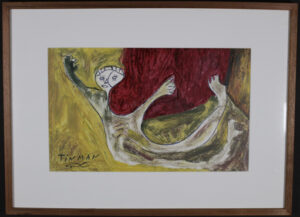 "Laid Down in the Red" by Charlie Lucas acrylic on paper 13.25" x 21.5" in white mat with natural walnut frame $600 #13592