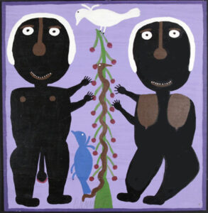 "Adam and Eve with Birds and Snake" dated 2009 by Annie Tolliver house paint on wood 24.25" x 24.25" $1100 #13585