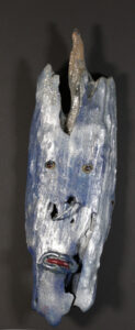 Mask 1988 by Bessi Harvey carved root wood, paint, glitter and metal ring 27.5" x 8" x 4.25" $4000 #13625