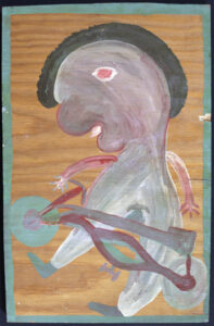 "Biker / Oyster Girl" c. 1973 (2 sided) by Mose Tolliver oil paint on plywood 19.5" x 12.5" x .75" $6000 #13581