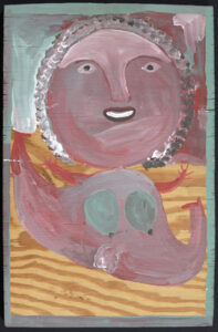 "Biker / Oyster Girl"   c. 1973  (verso-2 sided) by Mose Tolliver  oil paint on plywood  19.5" x 12.5" x .75"  $6000  #13581