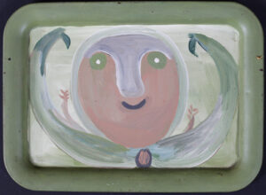 "Oyster Girl"  c. 1973  with original wire hanger by Mose Tolliver  oil paint on metal tray  19.5" x 12.5" x .75"  $5000  #13582