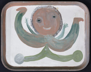 "Girl on Tricycle" c. 1973 by Mose Tolliver oil paint on plastic tray  14" x 18" x .5"  $5000  #13583