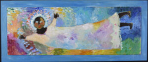 "Angel" c. 2005 by Ann Morley "Frantic"  acrylic on wood construction  work: 13" x 36.5" mounted on wood panel 17" x 40"  $2000   #13627