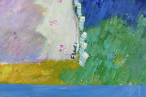 signature "Angel" c. 2005 by Ann Morley "Frantic"  acrylic on wood construction  work: 13" x 36.5" mounted on wood panel 17" x 40"  $2000   #13627