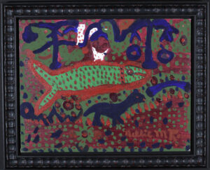Untitled 1981 (Fertility- Green Fish, Blue Dog) oil on canvas, 14" x 18" in black hand carved frame 17.5" x 21.5" with frame $29,000 #13626
