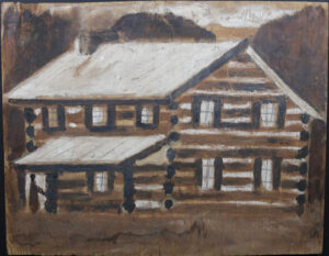 "Log Cabin" c. 78  by Jimmie Lee Sudduth mud, soot on plywood 
signed upper right 
  19.25" x 24.75" unframed $2000  #13628