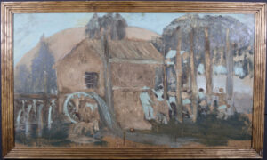 "Grist Mill" c. 79 unsigned by Jimmie Lee Sudduth mud, soot, enamel on plywood 27.25" x 48 in original frame 30.75" x 51" $3200