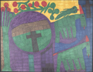 "Tomatoes, Cross and Birds" by Willie White magic marker on poster paper 22"x 28" unframed $1000 #13650