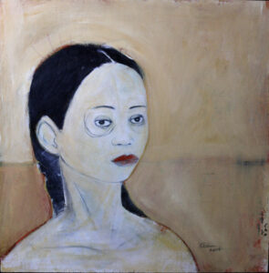 untitled (Girl with Red Lips) by Anne Buffum dated 2004 24" x 24" mixed media on wood panel unframed #13659