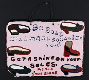 "Get a Shine on Your Soles" by Big Al Talplet oil paint on slate with wire 12" x 16" irregular $450 #13668