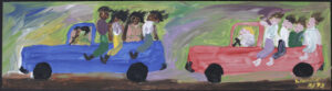 "Riding in the Trucks" dated 1992 by Woodie Long acrylic on wood 7.25" x 27" in black shadowbox $475 #13679