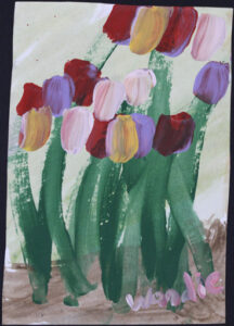 "Tulips" C. 1989 by Woodie Long acrylic on paper 8.75" x 6" white 8 ply mat, black frame $280 #13687