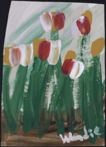 "Tulips" c. 1989 by Woodie Long acrylic on paper 8.5" x 6" white 8 ply mat, black frame $280 #13691