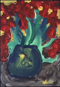 "Red Flowers in a Vase" by Woodie Long acrylic on paper 12.5" x 8.5" white 8 ply mat, black frame $345 #13695