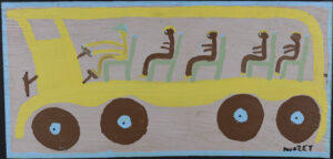 "School Bus" c. 1992 by Mose Tolliver house paint on wood 16.5" x 33.5" $2000 #13698