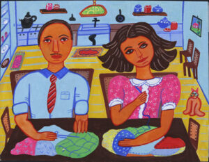 Anne Frank Series: "Portrait of Anne Frank and her Father" by Malcah Zeldis gouache on paper 9" x 18" unframed $1000 or framed in 8 ply white mat with black frame $1100 #13699