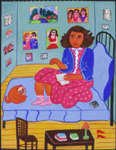 Anne Frank Series: "Anne Writing in her Diary" by Malcah Zeldis gouache on paper 12" x 9" unframed $1000 or framed in 8 ply white mat with black frame $1100 #13700