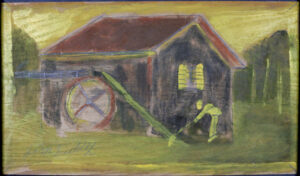 "Grist Mill with Worker" c. 1980s by Jimmie Lee Sudduth mud, paint on board 14.5" x 25" dark floater frame 15.5" x 26" x 2.25" $1200 #13706