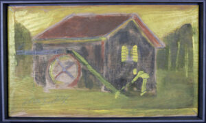 "Grist Mill with Worker" c. 1980s by Jimmie Lee Sudduth mud, paint on board 14.5" x 25" dark floater frame 15.5" x 26" x 2.25" $1200 #13706