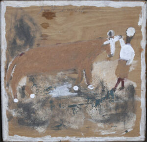 "Cow with Farmer" c. 1987 by Jimmie Lee Sudduth mud, paint on board 18.25" x 19" dark floater frame 20.25" x 20.75" x 2" $875 #13707