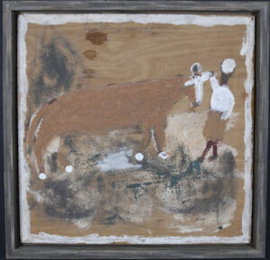 "Cow with Farmer" c. 1987 by Jimmie Lee Sudduth mud, paint on board 18.25" x 19" dark floater frame 20.25" x 20.75" x 2" $875 #13707