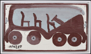 "Freedom Bus" early 1980's by Mose Tolliver house paint on board 9.75" x 17" white floater frame 10 5/8" x 18" x 1.5" #13708