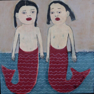 "Mermaids" dated 2018 by Anne Buffum mixed media on wood panel construction 18" x 18" x 1" $900 #13726