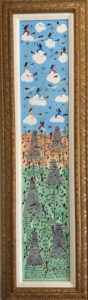 in frame "The Land of the Holy Angels - The Art of the Last Days to Cover the Earth" #14.000.195 dated April 3, 1990 by Howard Finster paint and marker on wood 8.75" x 47.25" in ornate gold leaf frame  16.25" x 54.75"  $4600 #13496