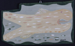 "Fish" c. 1999 attributed to Mose Tolliver house paint on wood 12" x 19.75" irr $800 #13724