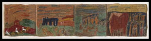 "Egypt's Glory Departed" c. 1959-61 by Sister Gertrude Morgan, pencil over crayon on cardboard lipstick box, ink on verso, 5" x 21.25" wide white linen mat with carved wooden frame 17" x 32.5", $39,000, Provenance Larry Borenstein, #13732