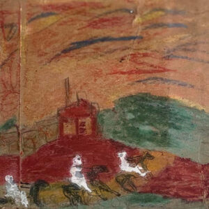 "Egypt's Glory Departed" c. 1959-61 by Sister Gertrude Morgan, pencil over crayon on cardboard lipstick box, ink on verso, 5" x 21.25" wide white linen mat with carved wooden frame 17" x 32.5", $39,000, Provenance Larry Borenstein, #13732