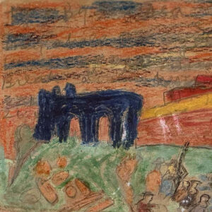 detail "Egypt's Glory Departed" c. 1959-61 by Sister Gertrude Morgan, pencil over crayon on cardboard lipstick box, ink on verso, 5" x 21.25" wide white linen mat with carved wooden frame 17" x 32.5", $39,000, Provenance Larry Borenstein, #13732