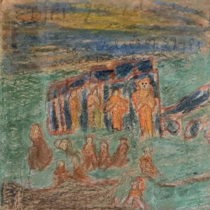 detail "Egypt's Glory Departed" c. 1959-61 by Sister Gertrude Morgan, pencil over crayon on cardboard lipstick box, ink on verso, 5" x 21.25" wide white linen mat with carved wooden frame 17" x 32.5", $39,000, Provenance Larry Borenstein, #13732