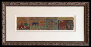 Framed "Egypt's Glory Departed" c. 1959-61 by Sister Gertrude Morgan, pencil over crayon on cardboard lipstick box, ink on verso, 5" x 21.25" wide white linen mat with carved wooden frame 17" x 32.5", $39,000, Provenance Larry Borenstein, #13732