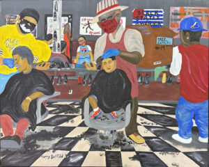 "Masks and Clippers" 2021 by Harry Saffold, Jr. acrylic on canvas 23" x 36" unframed $ 1000 #13747