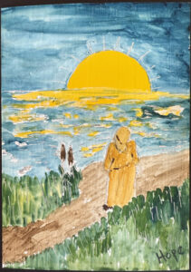 "Sunrise" dated 2000 by Hope Atkinson acrylic gouache on tin 7" x 5" $250 #13735