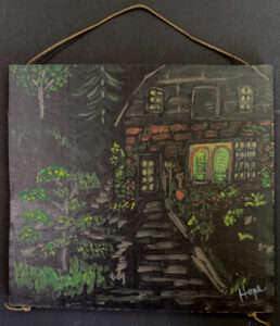 "Magical Midnight house" dated 1990 by Hope Atkinson acrylic on cardboard 8.25" x 8.75 $300 #13736