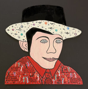 "Hank Williams" #9741 dated Dec 13, 1988 by Howard Finster enamel paint on wooden cut out 21.75" x 21.25" x 1/4" $7000 #13737