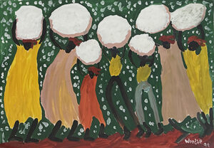 "Everybody's Carrying Cotton" dated 1999 by Woodie Long acrylic on paper 26" x 40" in white ply mat with black frame $1700 #13738