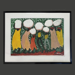 detail signature "Everybody's Carrying Cotton" dated 1998 by Woodie Long acrylic on paper 26" x 40" in white ply mat with black frame $1700 #13738