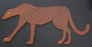 "Cheeta - The Fastest Animal on Foot" #4131 dated January 10, 1985 by Howard Finster paint on wooden cut out 54.5" x 24.5" x 3/8" $9500 #13739