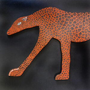 detail front"Cheeta - The Fastest Animal on Foot" #4131 dated January 10, 1985 by Howard Finster  paint on wooden cut out  54.5" x 24.5" x 3/8"  $9500   #13739