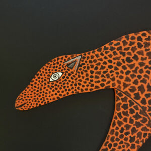 detail head detail front"Cheeta - The Fastest Animal on Foot" #4131 dated January 10, 1985 by Howard Finster  paint on wooden cut out  54.5" x 24.5" x 3/8"  $9500   #13739