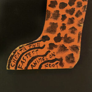 detail second foot  "Cheeta - The Fastest Animal on Foot" #4131 dated January 10, 1985 by Howard Finster paint on wooden cut out 54.5" x 24.5" x 3/8" $9500 #13739
